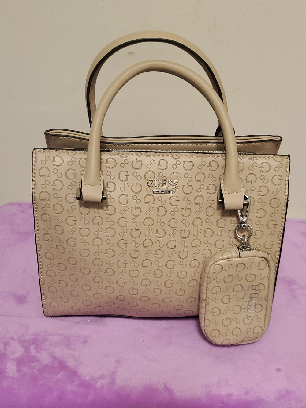 Guess Beige Logo Satchel with Detachable Coin Pouch